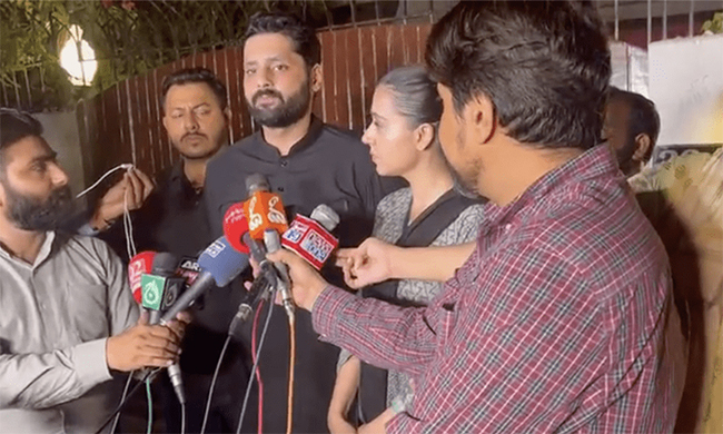 Lawyer Jibran Nasir speaks to the media in Karachi after his return on June 2, 2023. Screengrab