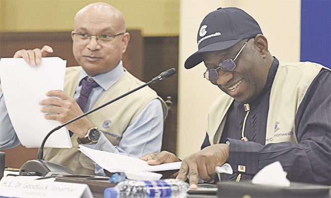 Head of Commonwealth Observer Group Goodluck Jonathan addresses a press conference