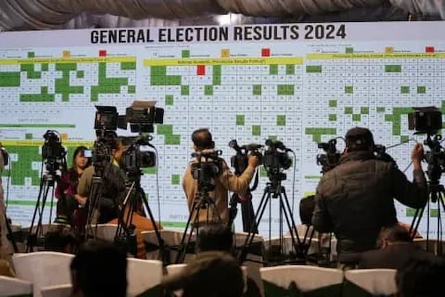 A screen showing the results of Pakistan’s parliamentary elections at the Pakistan Election Commission headquarters, in Islamabad, Pakistan