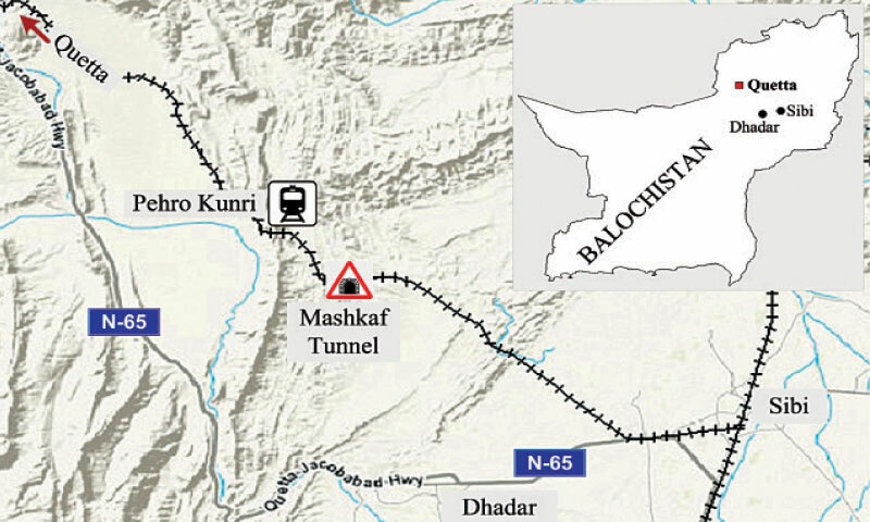 A map showing the location of the incident and distance from N-65 highway near Mushkaf. – Map by Dawn GIS/Abdul Moiz Malik